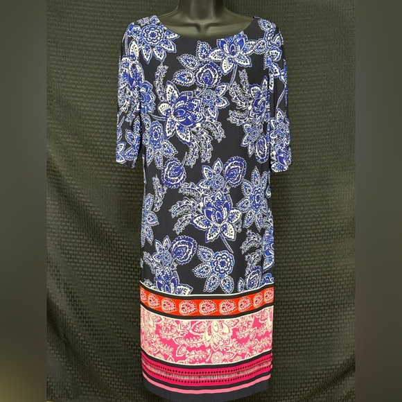 Eliza J Navy Blue Pink Bottom Floral Short Sleeve Mod Retro Shift Dress sz:14 - Picture 1 of 6